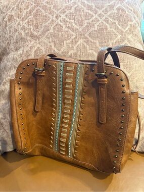 Bandana Embellished Tan Leather Women’s Shoulder Bag with Decorative Stripe